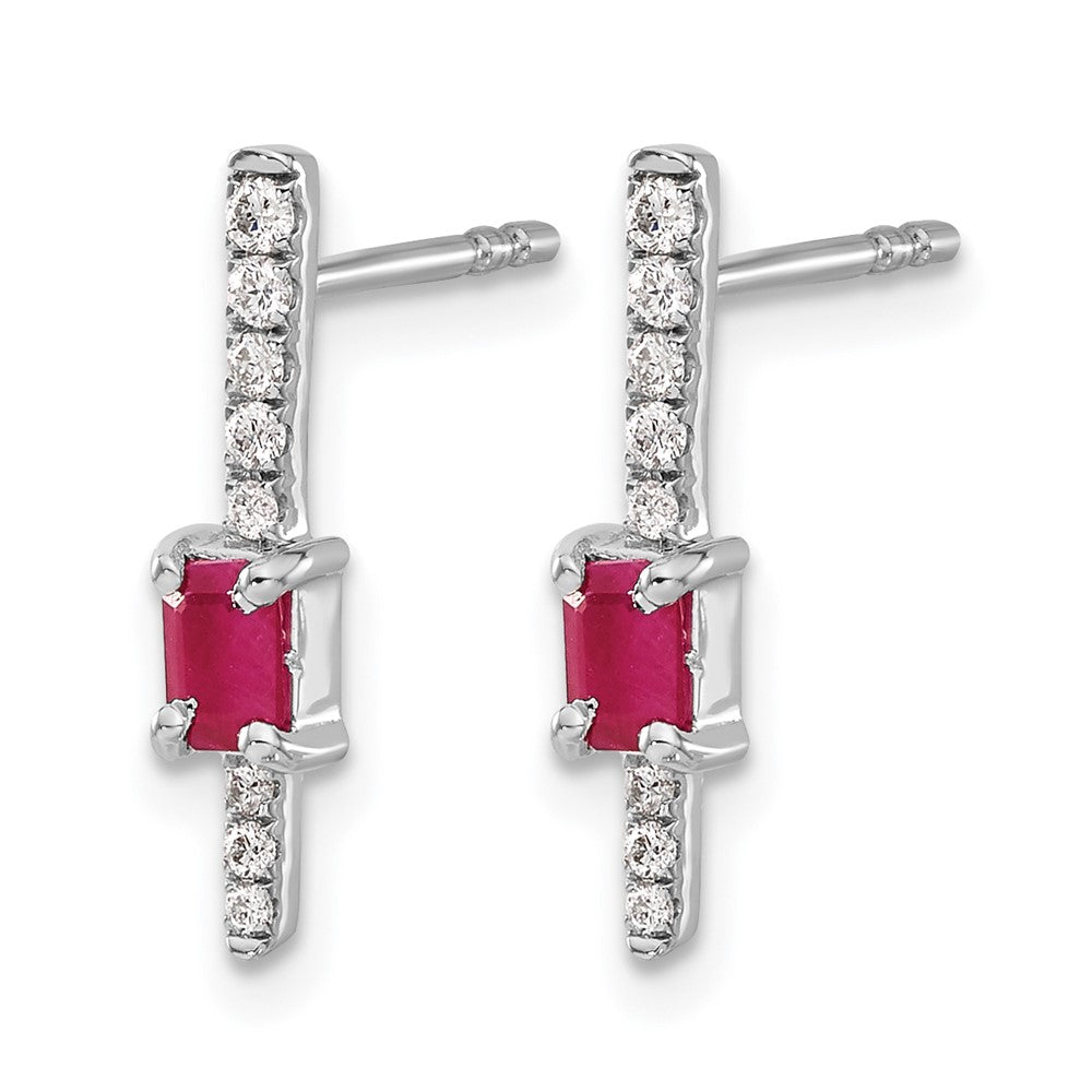 14k White Gold 5x3mm Emerald-cut Ruby and Diamond Post Earrings