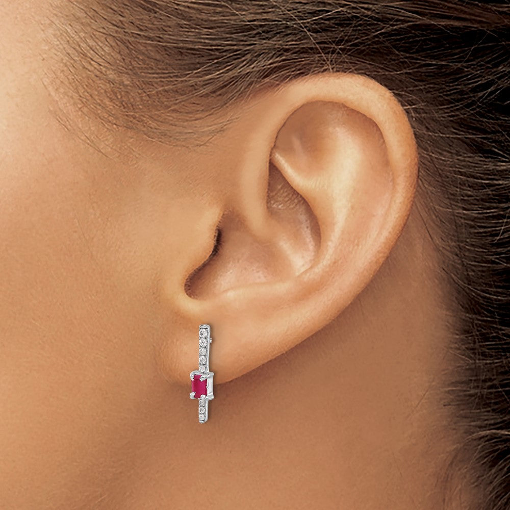14k White Gold 5x3mm Emerald-cut Ruby and Diamond Post Earrings