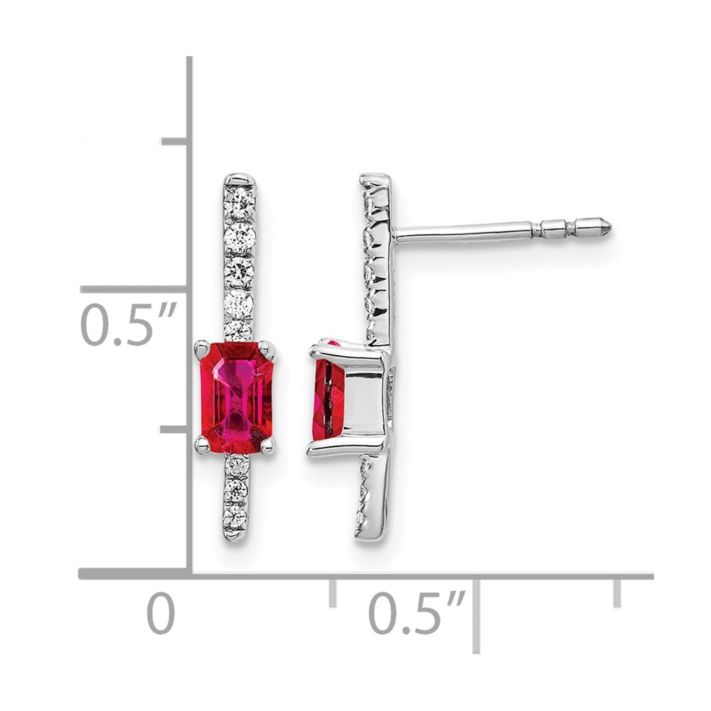 14k White Gold 5x3mm Emerald-cut Ruby and Diamond Post Earrings