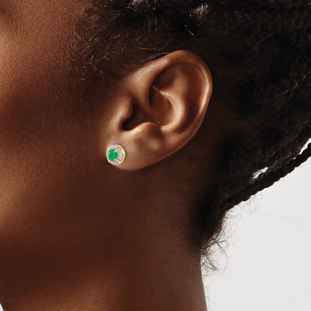 14k 4.1mm Round Emerald and Diamond Halo Post Earrings