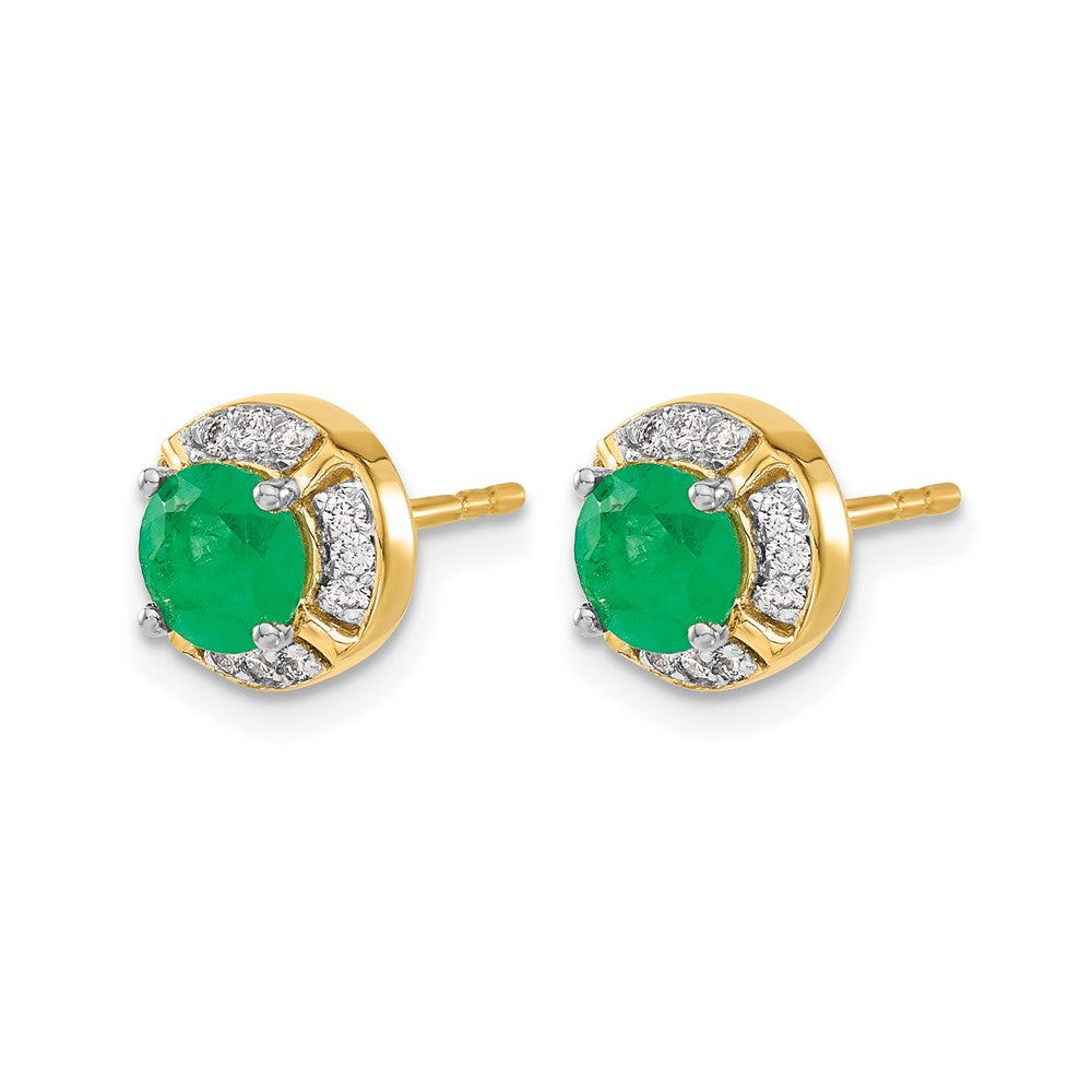 14k  5mm Round Emerald and Diamond Halo Post Earrings