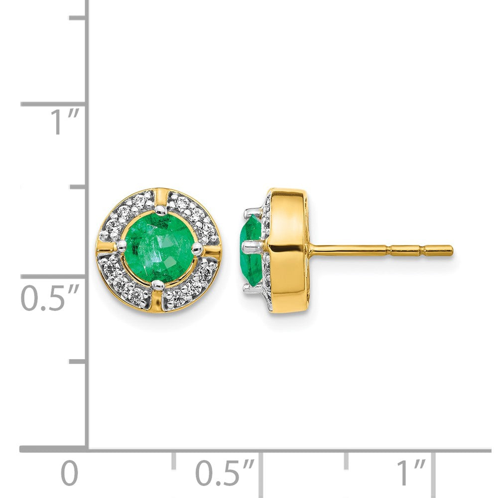 14k  5mm Round Emerald and Diamond Halo Post Earrings