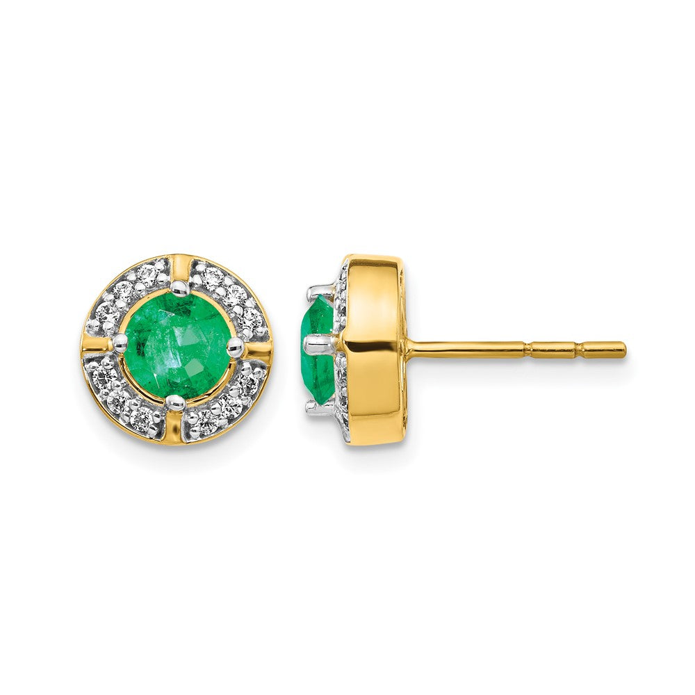 14k  5mm Round Emerald and Diamond Halo Post Earrings