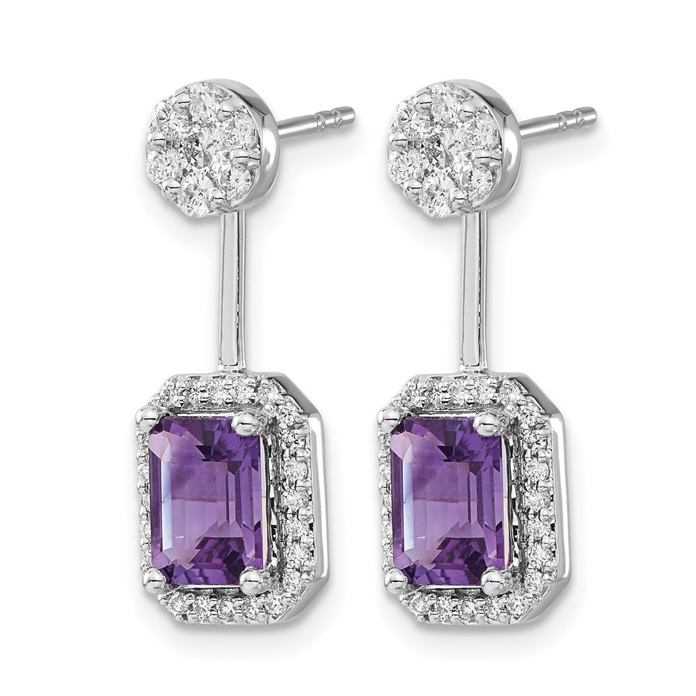 14k White Gold 5/8 carat Diamond and 7x5mm Emerald-cut Amethyst Front/Back Post Earrings