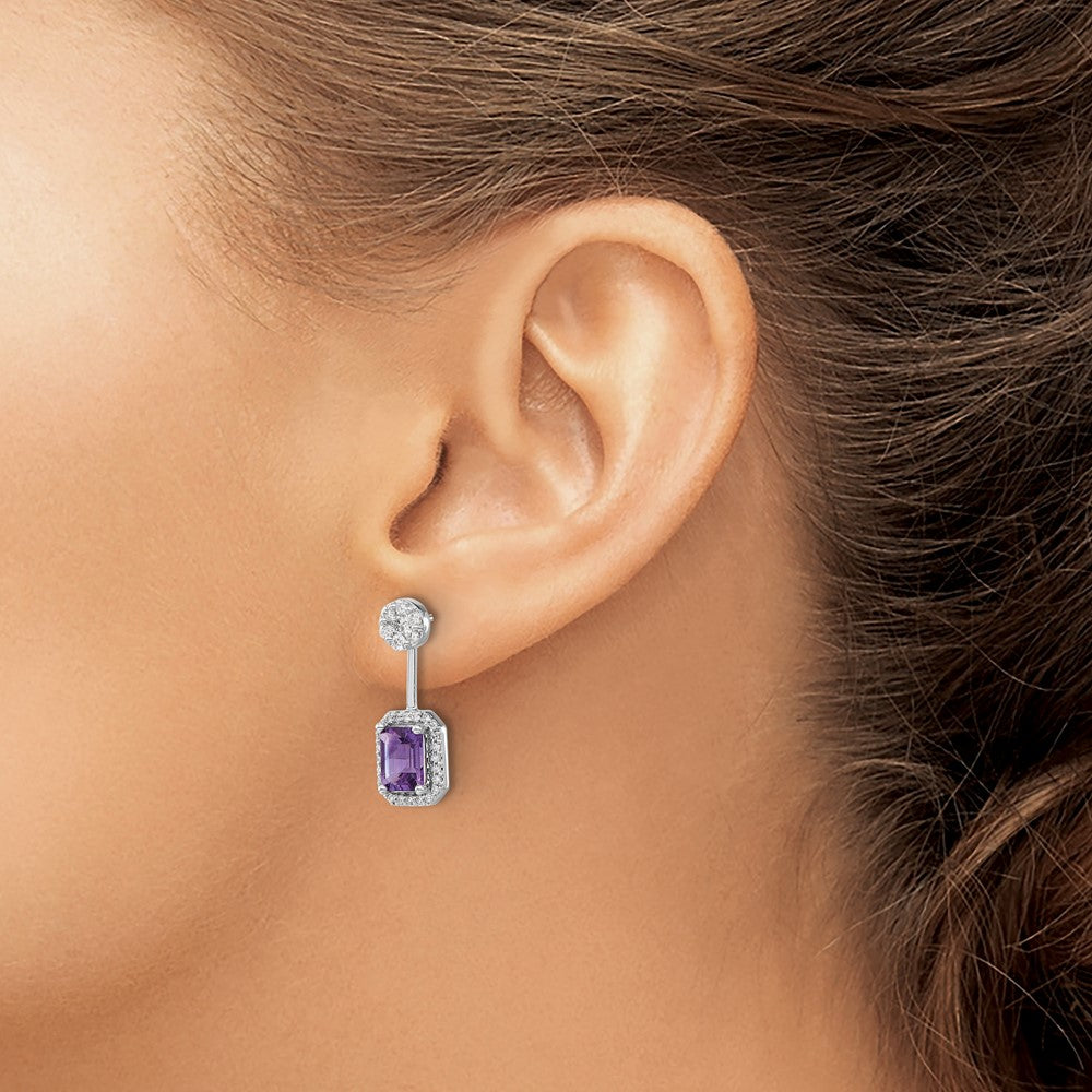 14k White Gold 5/8 carat Diamond and 7x5mm Emerald-cut Amethyst Front/Back Post Earrings
