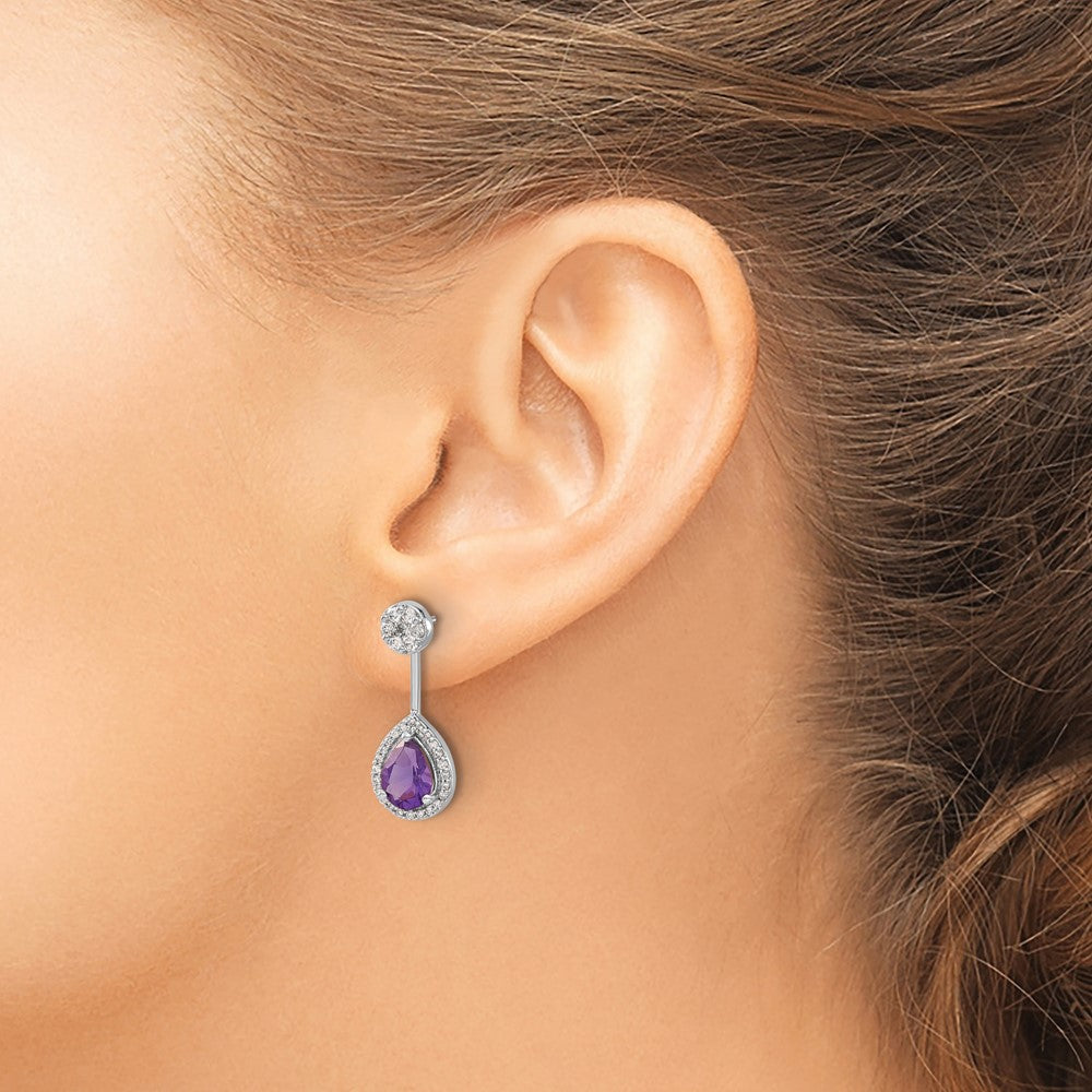 14k White Gold 5/8 carat Diamond and 8x6mm Pear Amethyst Front/Back Post Earrings