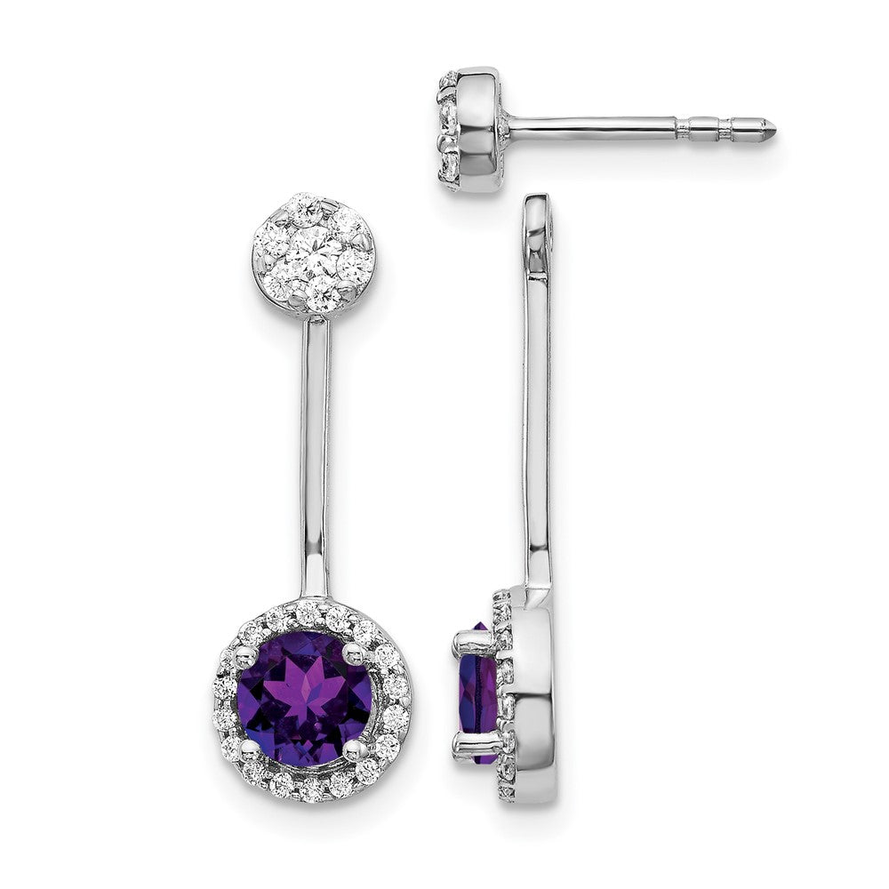 14k White Gold 1/3 carat Diamond and 5mm Round Amethyst Front/Back Post Earrings