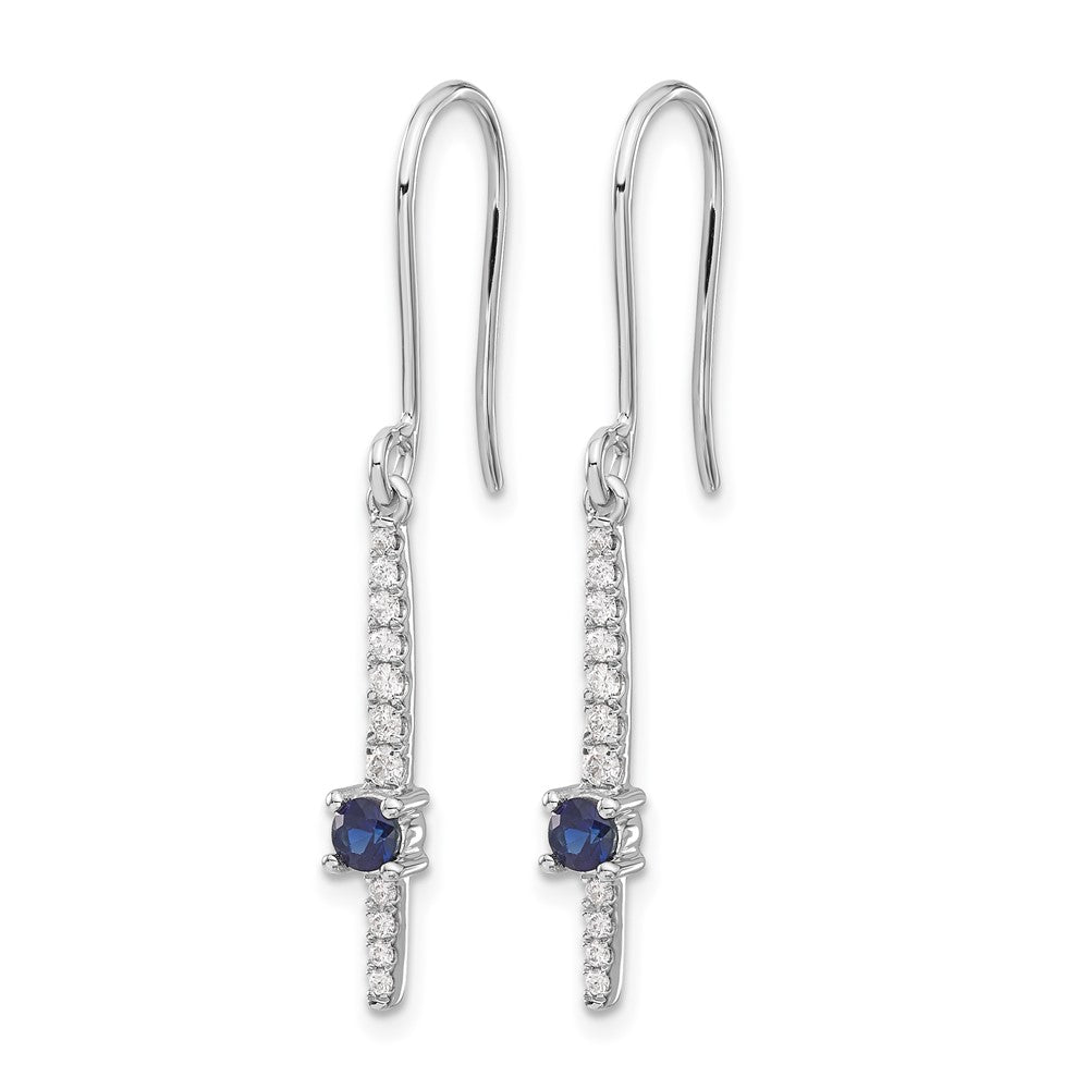 14k White Gold 3.2mm Round Sapphire and Diamond Dangle Shepherd Hook Earrings