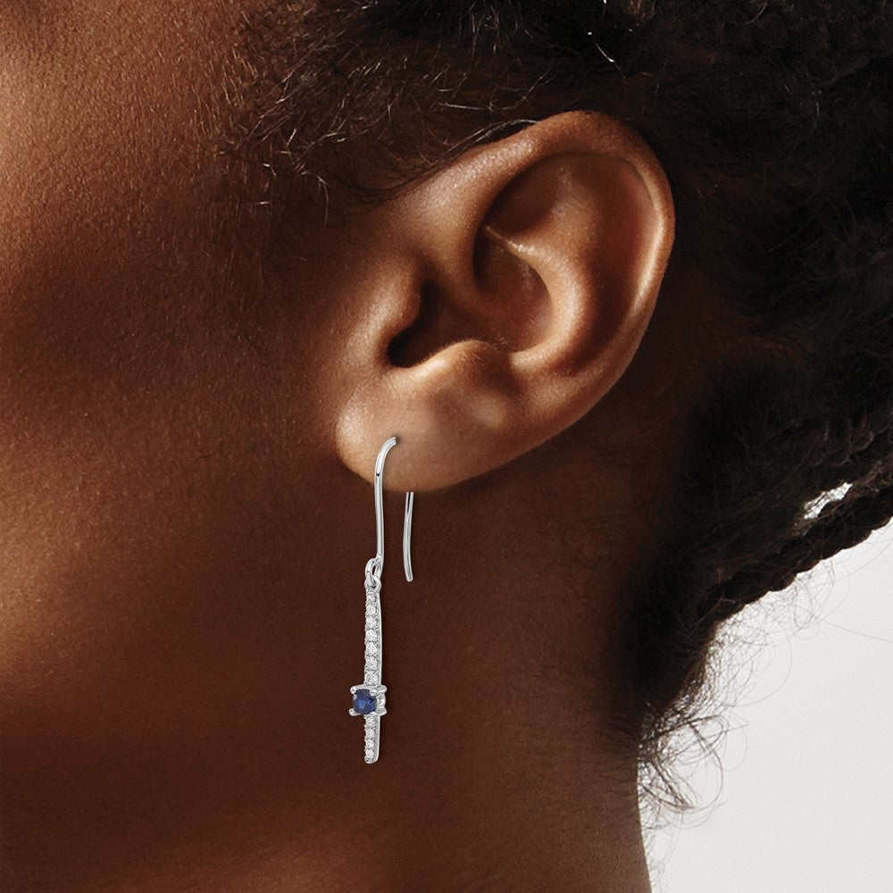 14k White Gold 3.2mm Round Sapphire and Diamond Dangle Shepherd Hook Earrings