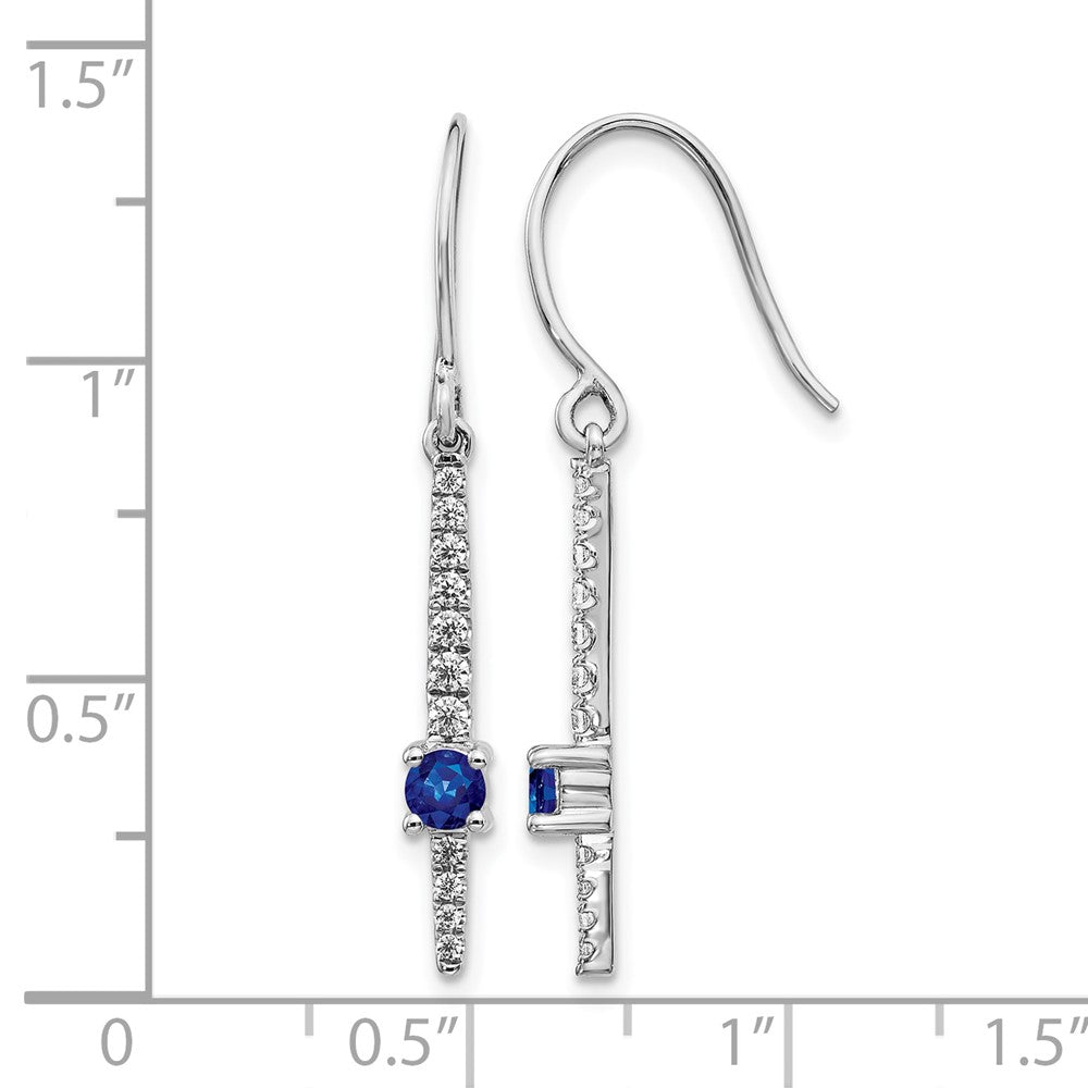 14k White Gold 3.2mm Round Sapphire and Diamond Dangle Shepherd Hook Earrings