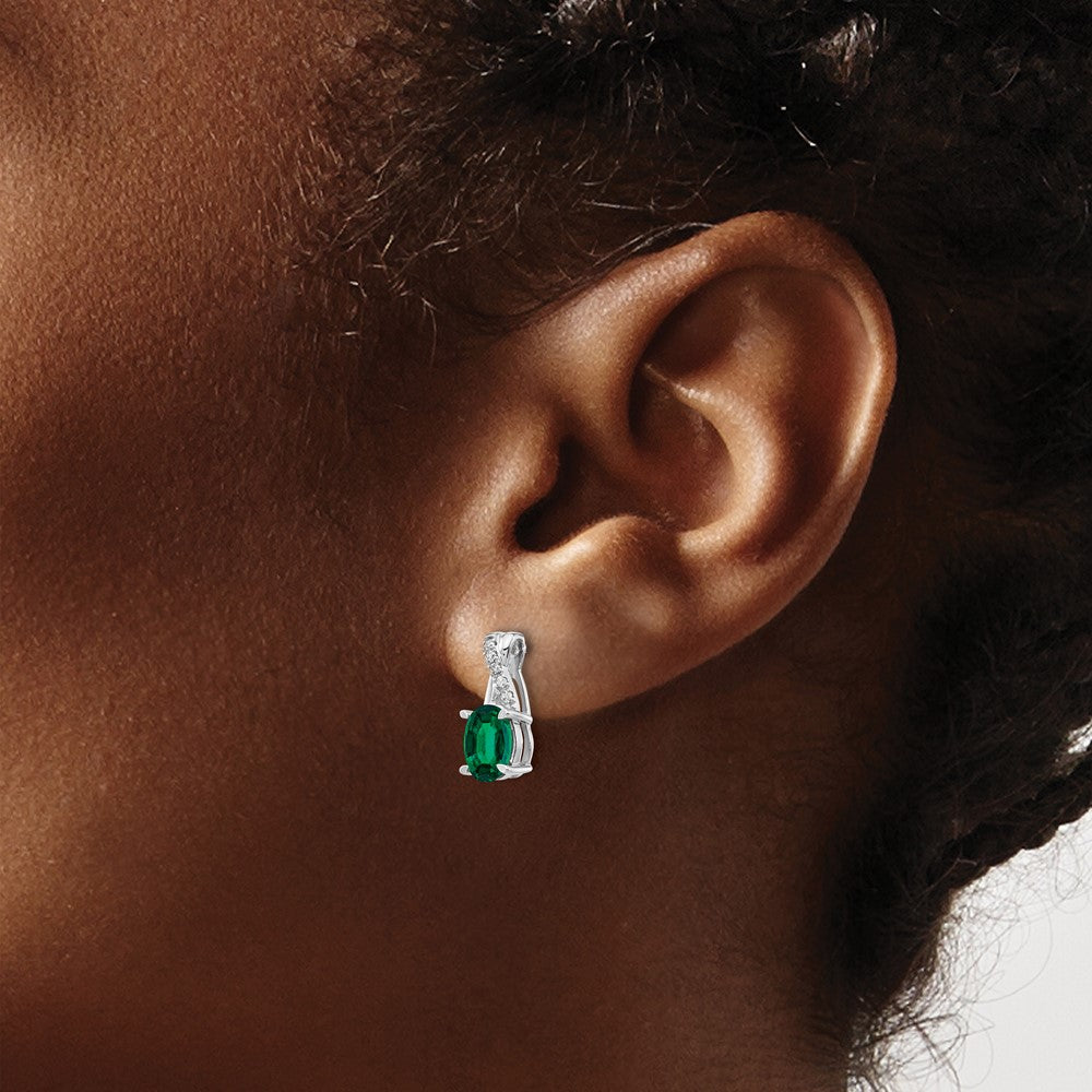 14k White Gold 7x5mm Oval Lab Created Emerald and Diamond Post Earrings