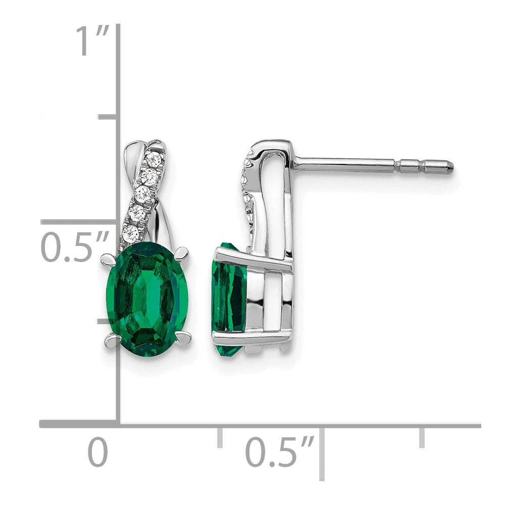 14k White Gold 7x5mm Oval Lab Created Emerald and Diamond Post Earrings