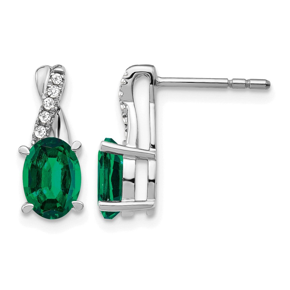 14k White Gold 7x5mm Oval Lab Created Emerald and Diamond Post Earrings