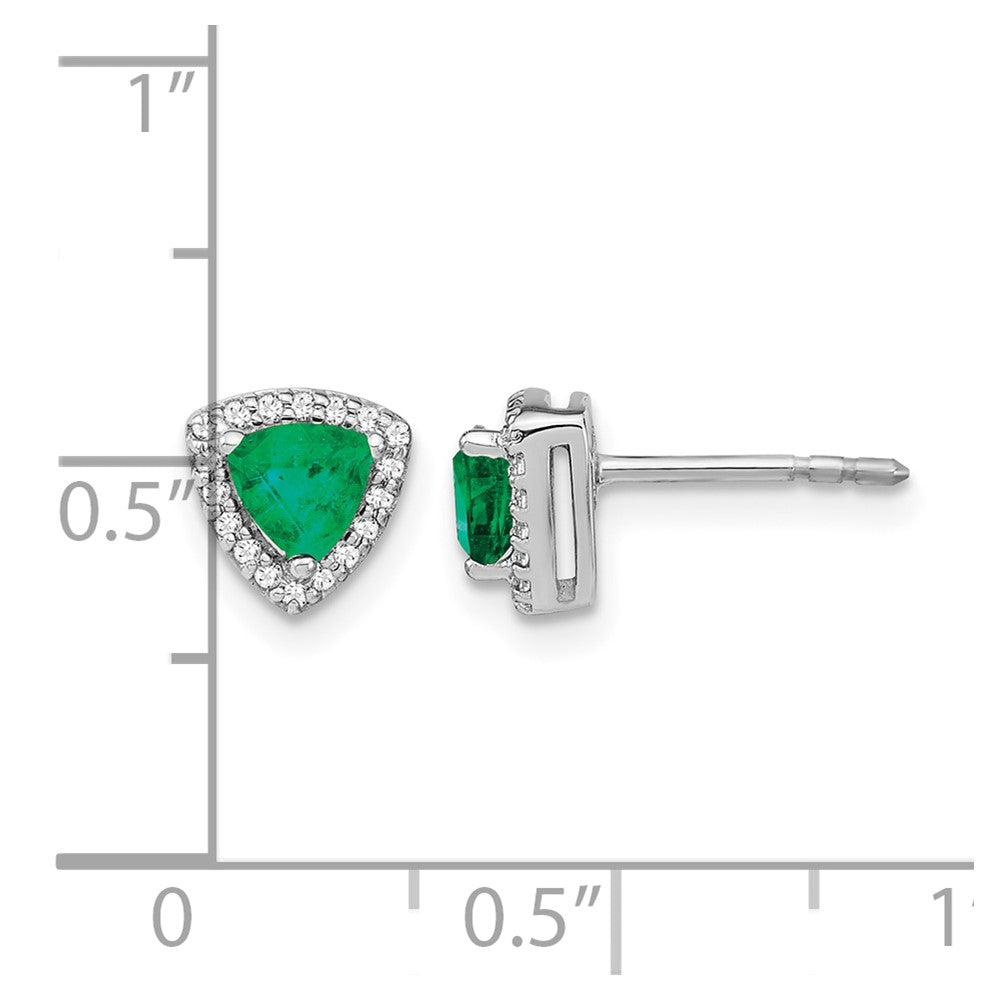14k White Gold 4.5mm Trillion Emerald and Diamond Halo Post Earrings
