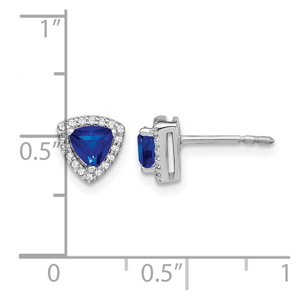 14k White Gold 4.5mm Trillion Sapphire and Diamond Halo Post Earrings