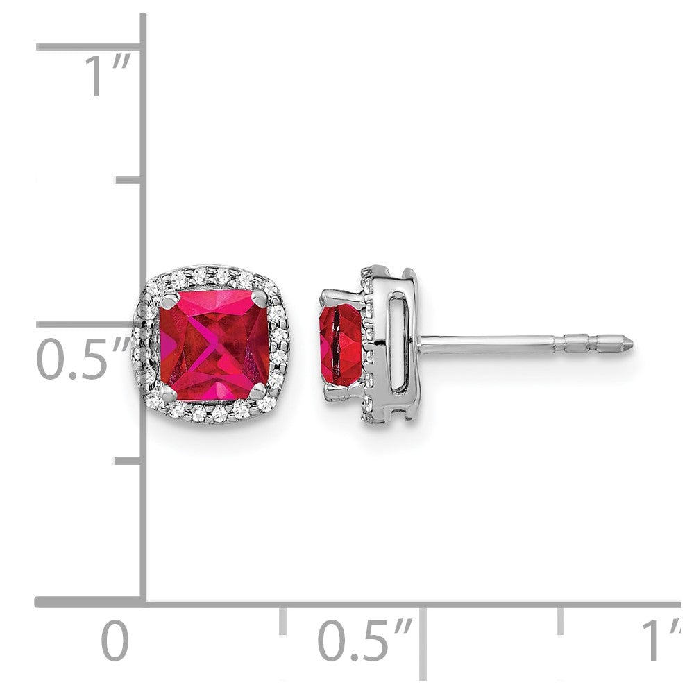 14k White Gold 5mm Cushion Ruby and Diamond Halo Post Earrings