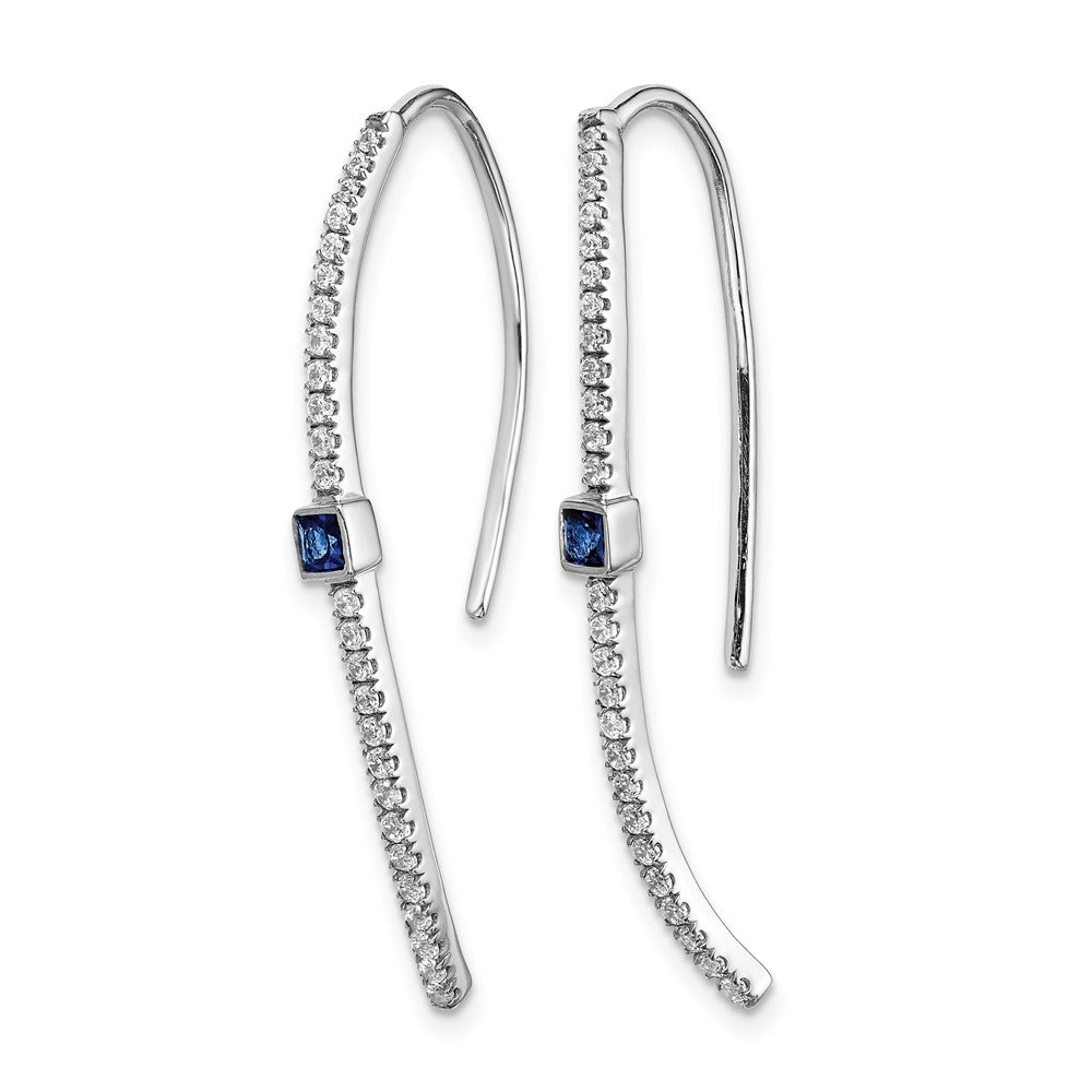 14k White Gold Curved Diamond and 2mm Princess Sapphire Wire Earrings