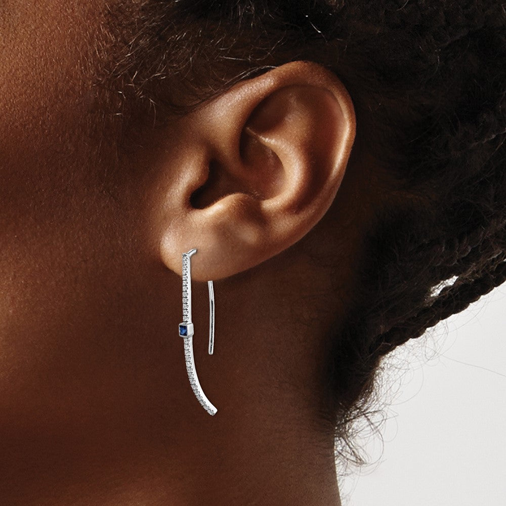 14k White Gold Curved Diamond and 2mm Princess Sapphire Wire Earrings