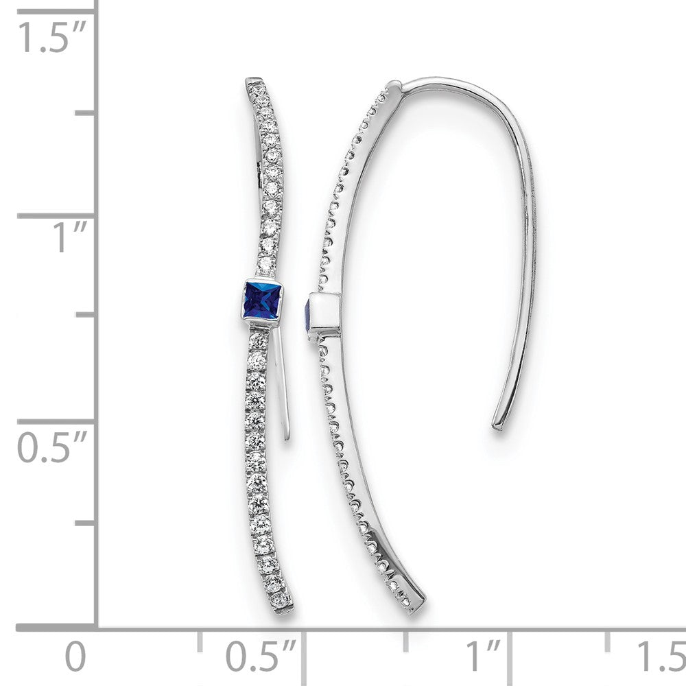 14k White Gold Curved Diamond and 2mm Princess Sapphire Wire Earrings