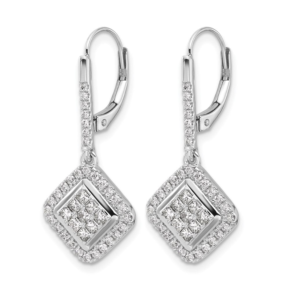 14k White Gold 1 carat Diamond Square Cluster Leverback Earrings