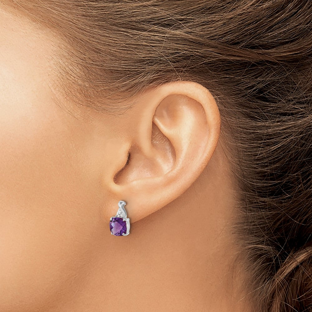 14k White Gold 7mm Cushion Checkerboard February/Amethyst and Diamond Post Earrings
