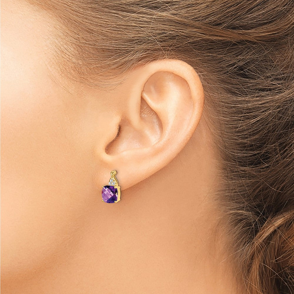 14k 7mm Cushion Checkerboard February/Amethyst and Diamond Post Earrings