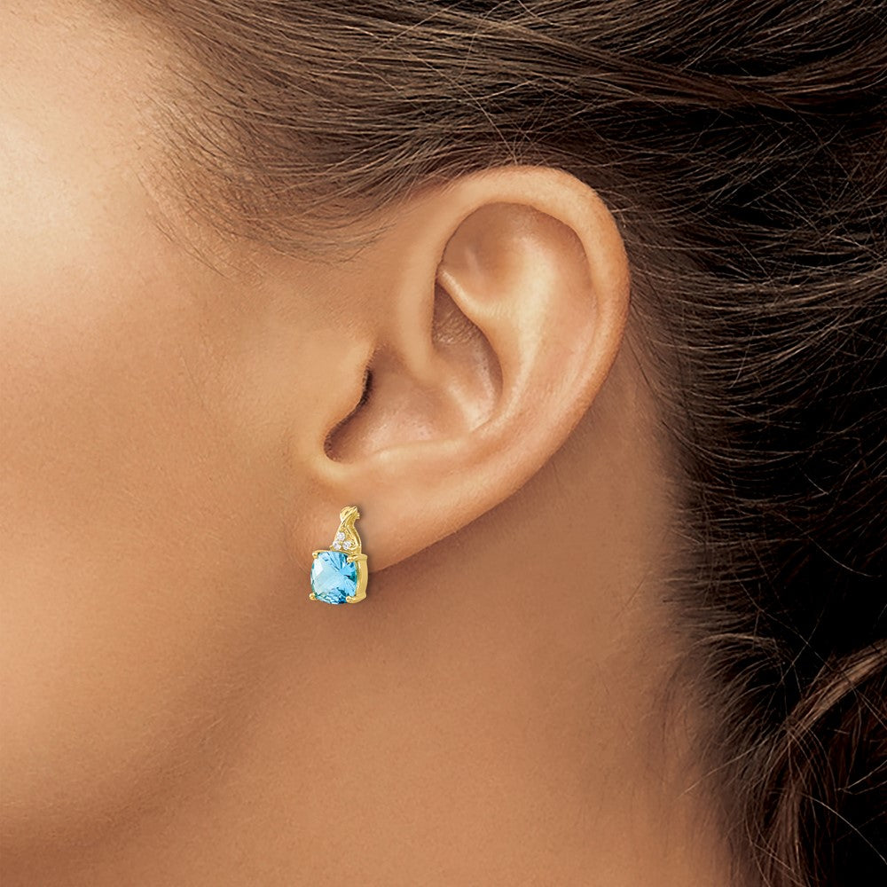 14k 7mm Cushion Checkerboard December/Blue Topaz and Diamond Post Earrings