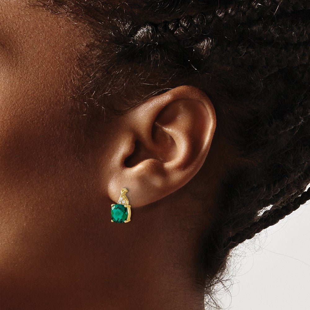 14k 7mm Cushion Checkerboard May/Lab Created Emerald and Diamond Post Earrings