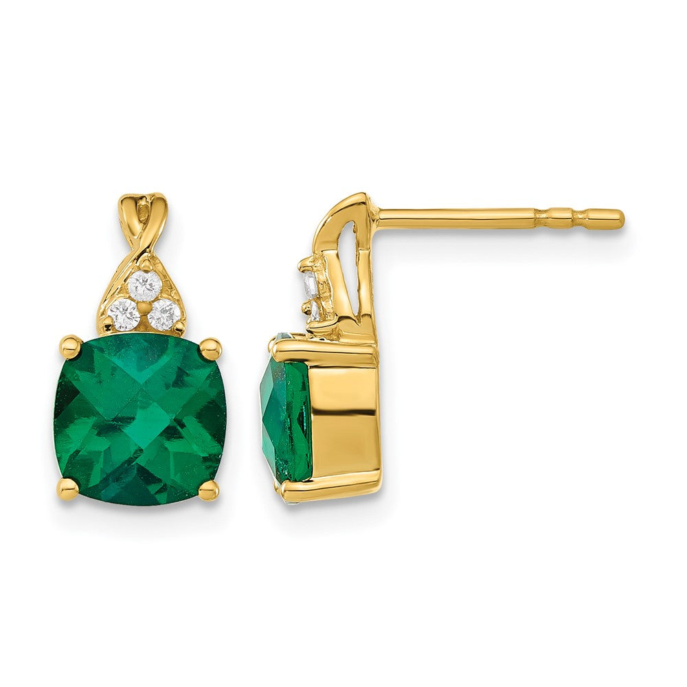 14k 7mm Cushion Checkerboard May/Lab Created Emerald and Diamond Post Earrings