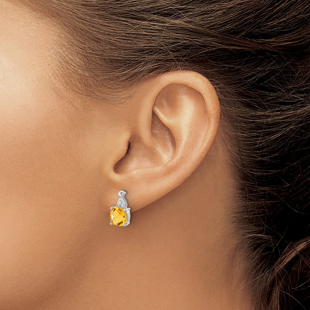 14k White Gold 7mm Cushion Checkerboard November/Citrine and Diamond Post Earrings