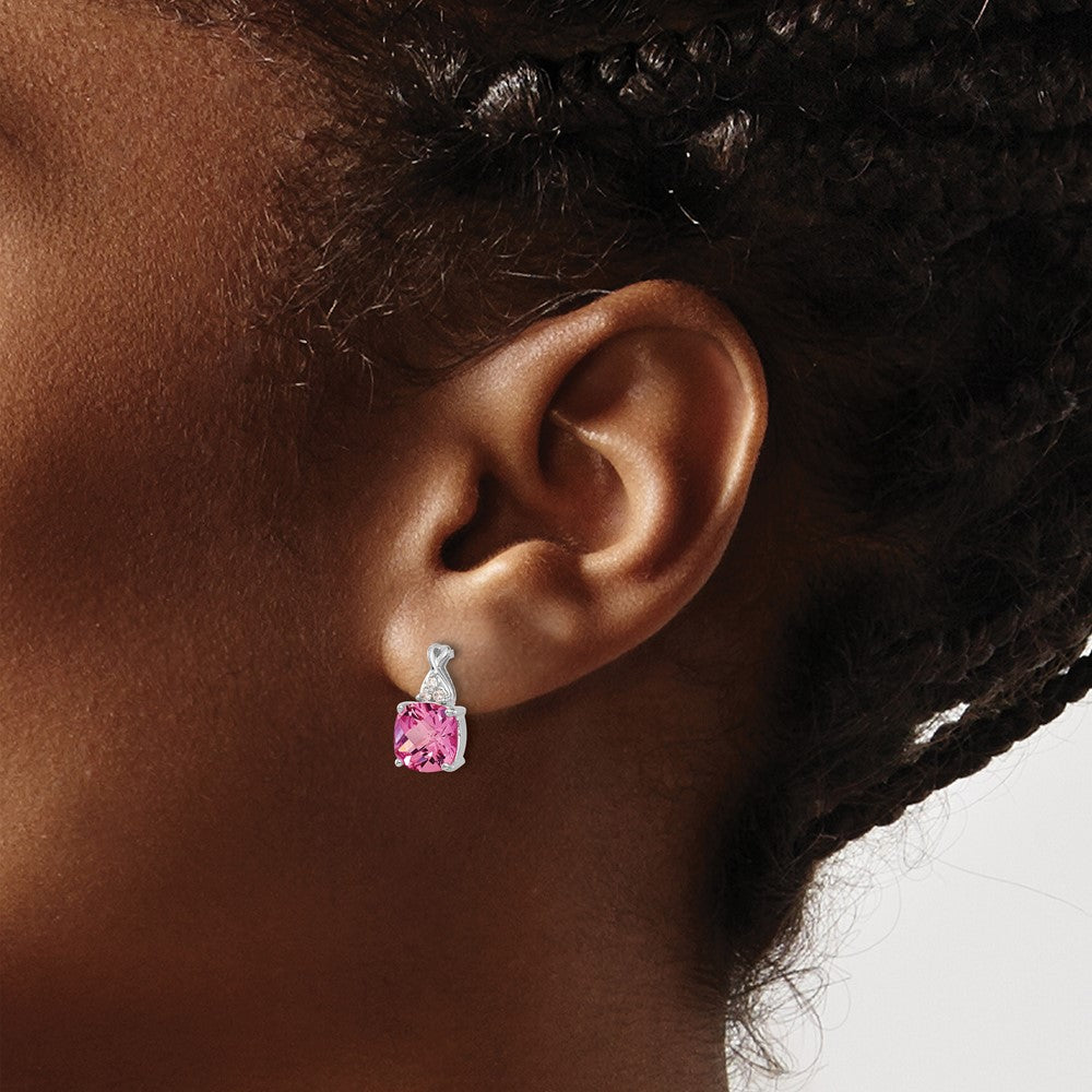14k White Gold 7mm Cushion Checkerboard October/Lab Created Pink Sapphire and Diamond Post Earrings