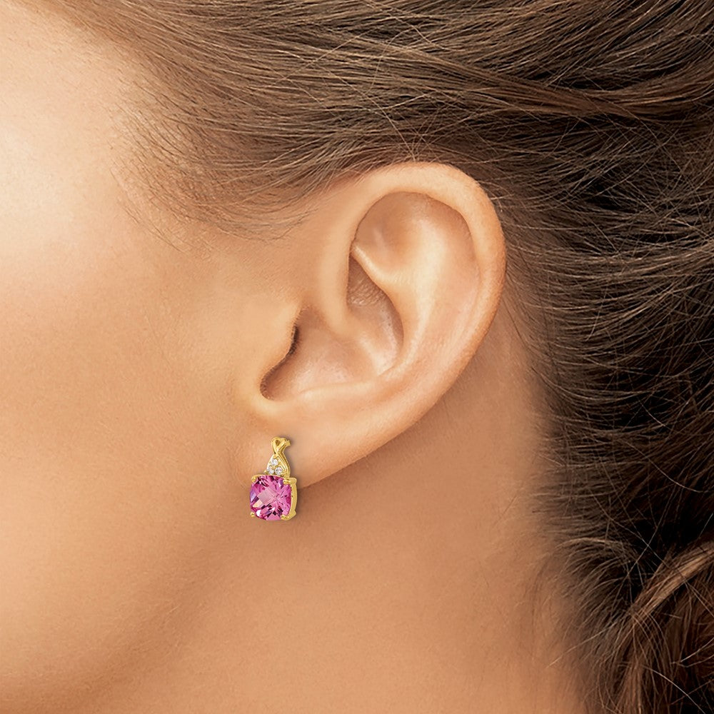 14k 7mm Cushion Checkerboard October/Lab Created Pink Sapphire and Diamond Post Earrings