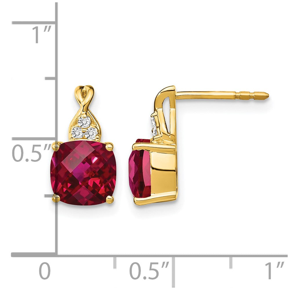 14k 7mm Cushion Checkerboard July/Lab Created Ruby and Diamond Post Earrings