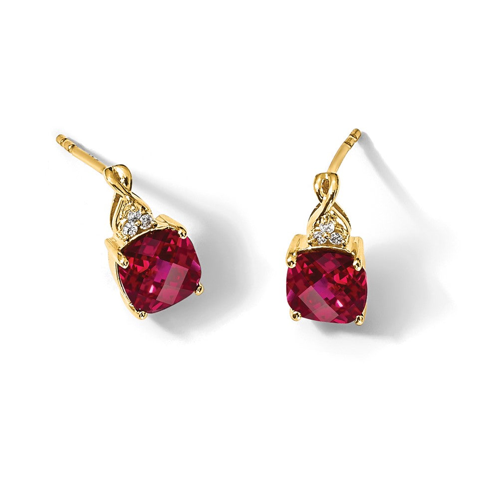 14k 7mm Cushion Checkerboard July/Lab Created Ruby and Diamond Post Earrings