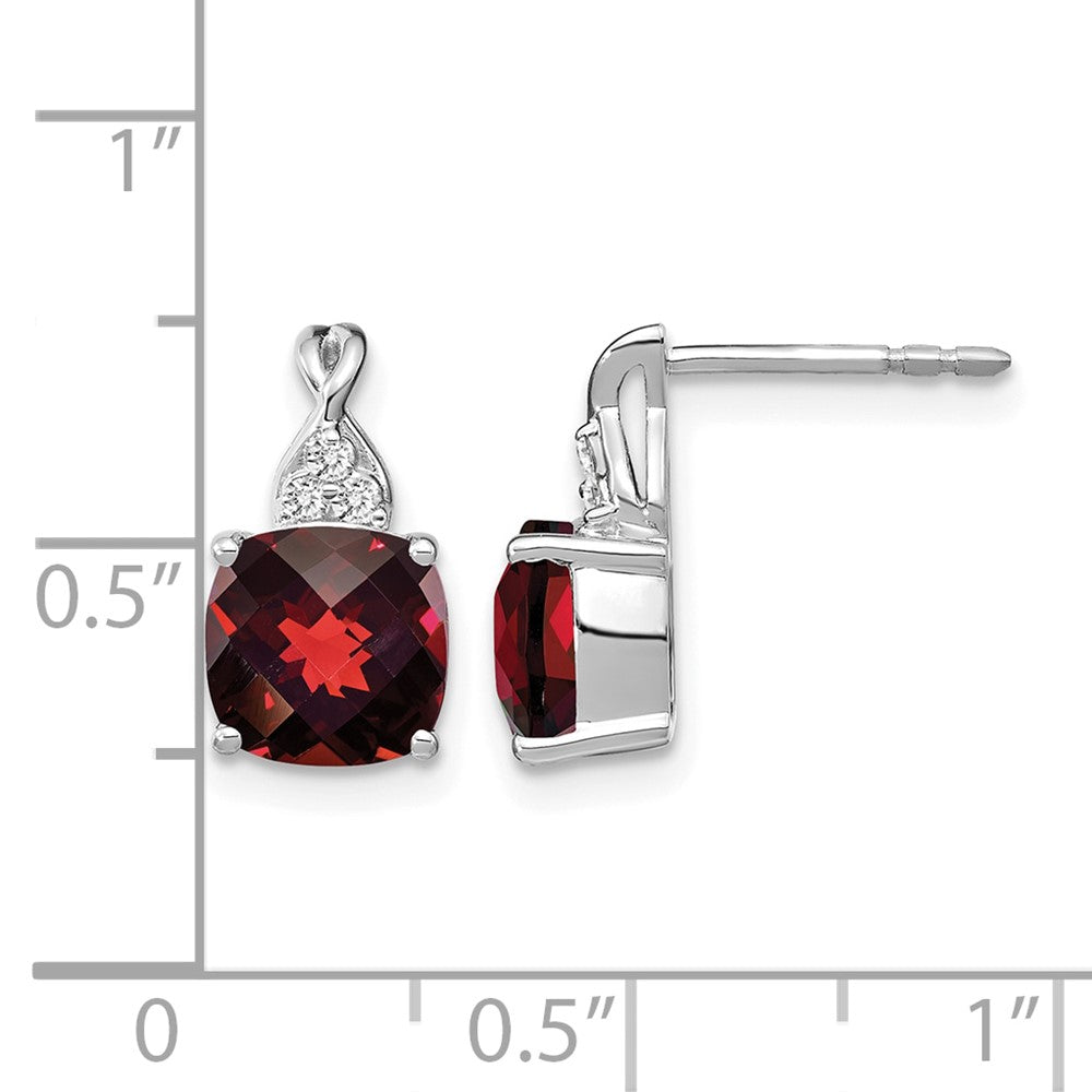 14k White Gold 7mm Cushion Checkerboard January/Garnet and Diamond Post Earrings