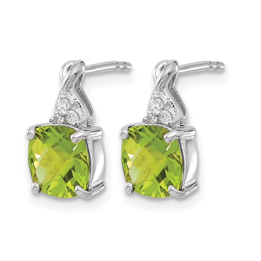14k White Gold 7mm Cushion Checkerboard August/Peridot and Diamond Post Earrings