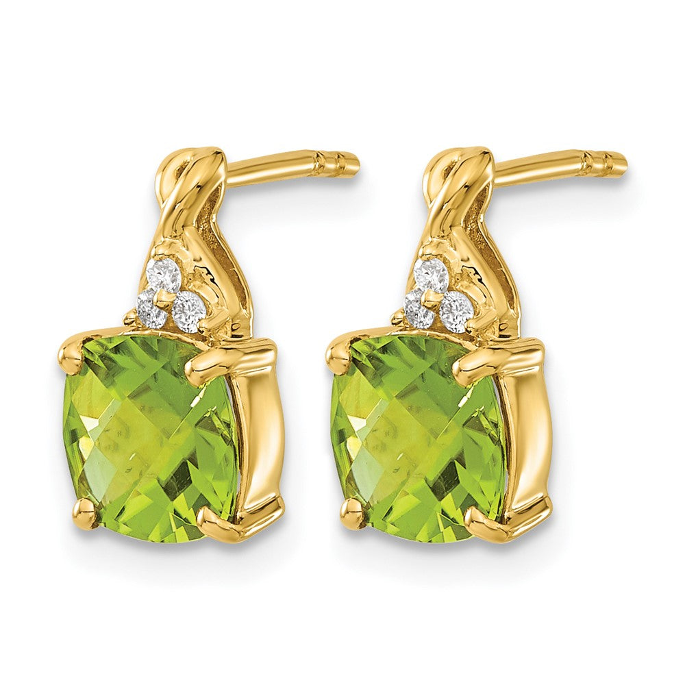 14k 7mm Cushion Checkerboard August/Peridot and Diamond Post Earrings