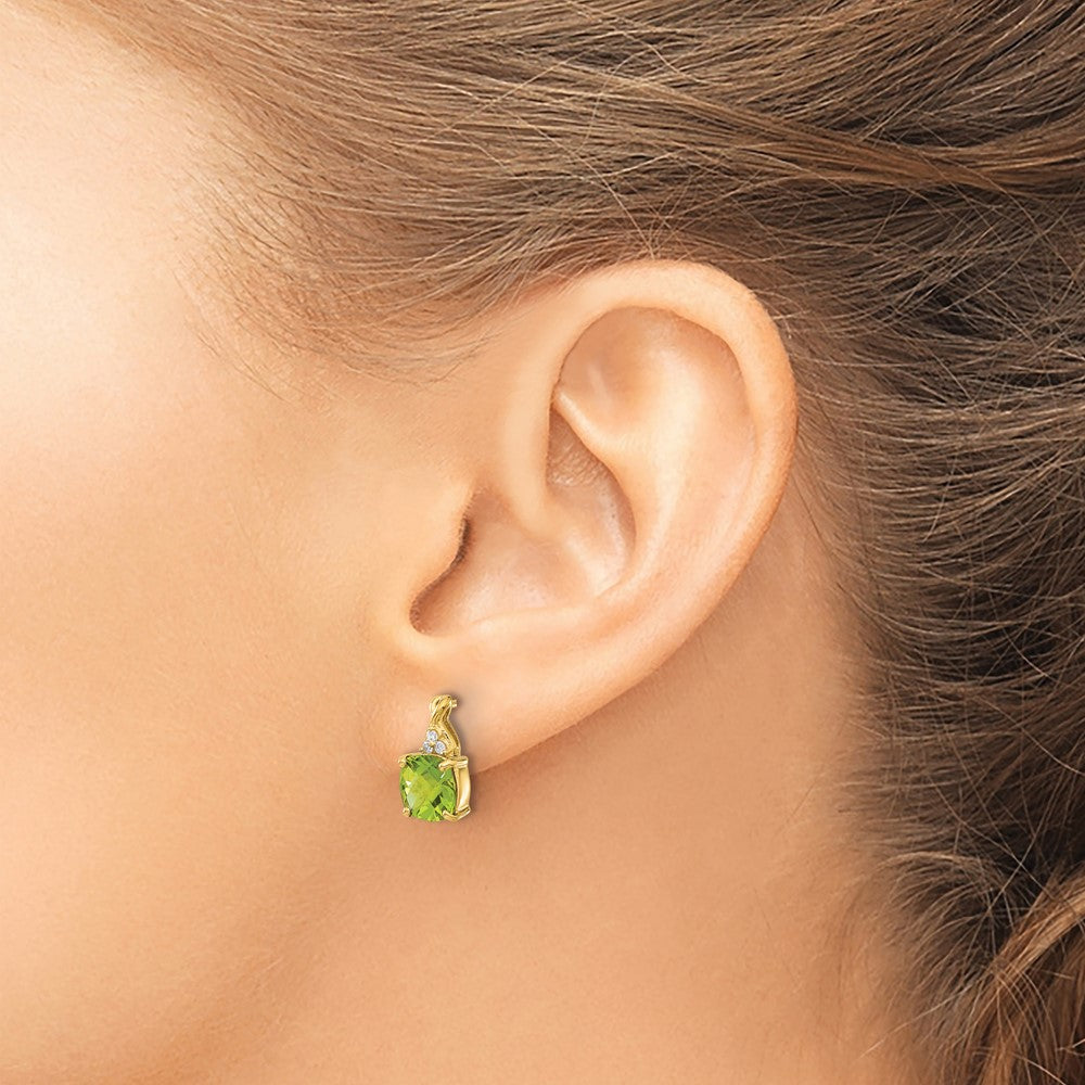 14k 7mm Cushion Checkerboard August/Peridot and Diamond Post Earrings