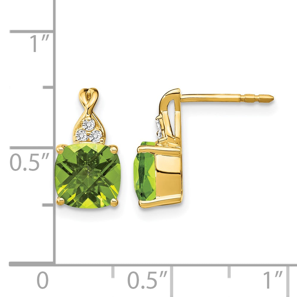 14k 7mm Cushion Checkerboard August/Peridot and Diamond Post Earrings