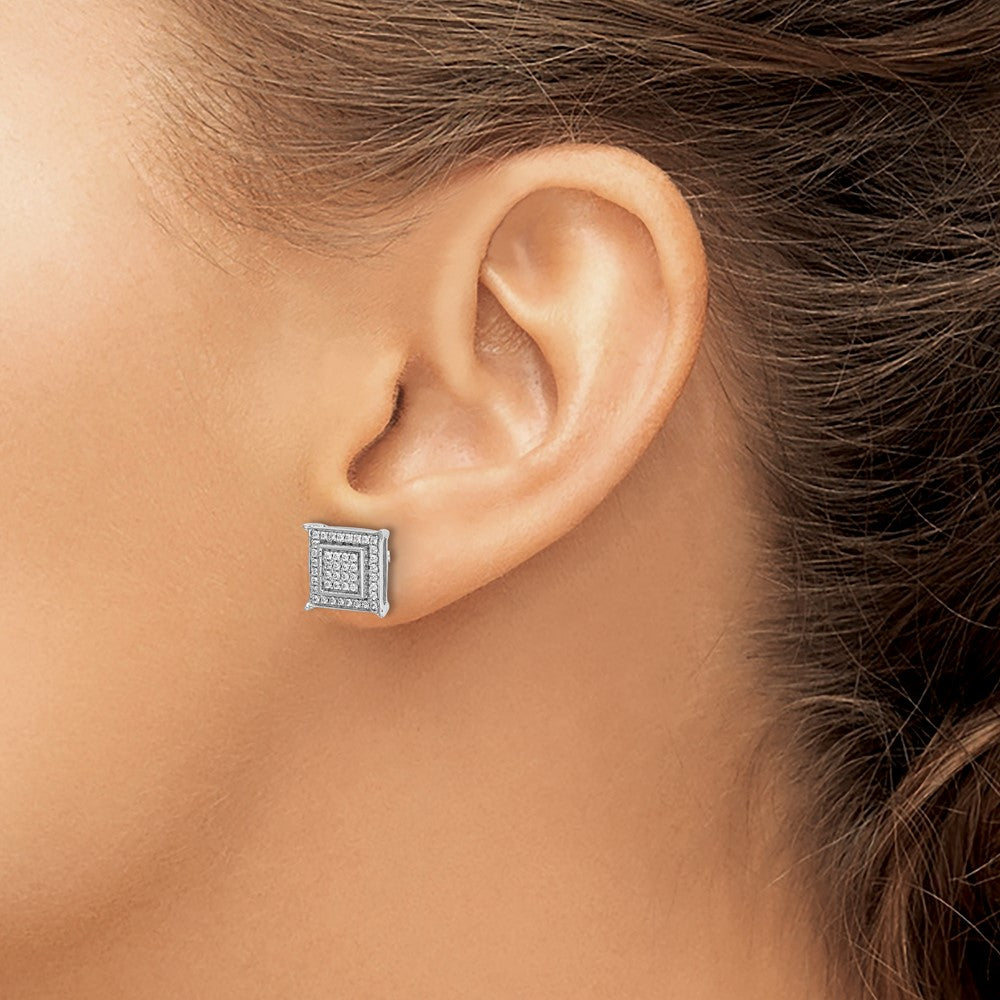 10k White Gold Diamond Small Double Square Bezel Post Earrings