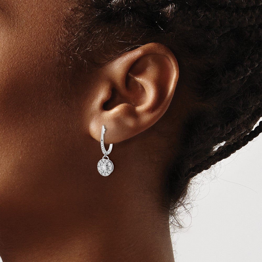 14k White Gold 1/3 carat Diamond Round Cluster Dangle Hinged Hoop Earrings
