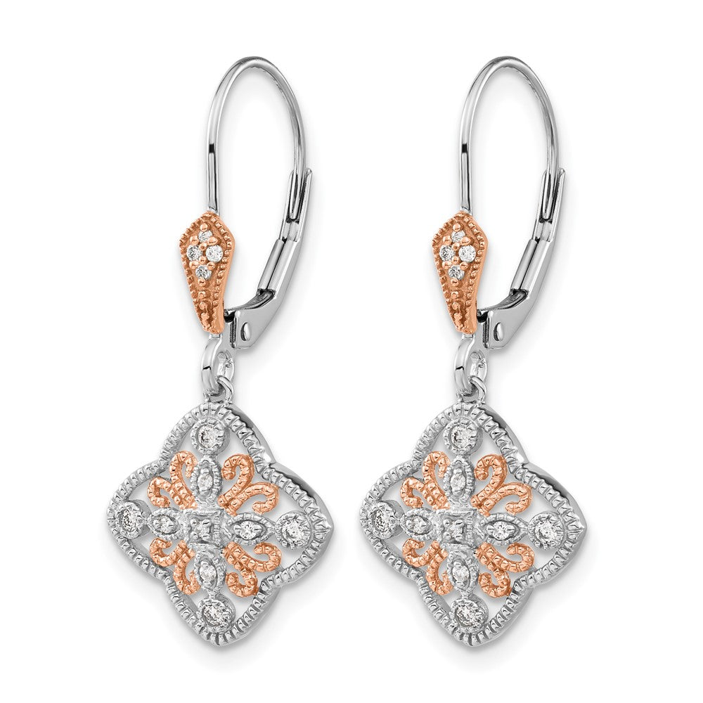 14k White Gold with Rose Rhodium 1/8 carat Diamond Leverback Earrings