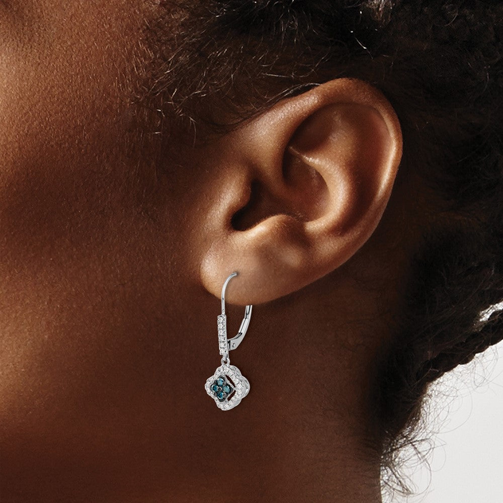 14k White Gold 3/8 carat White and Blue Diamond Dangle Leverback Earrings