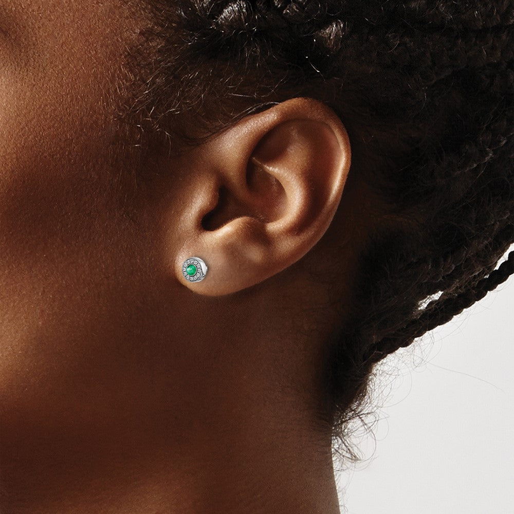14k White Gold Diamond and 2.3mm Round Emerald Halo Post Earrings