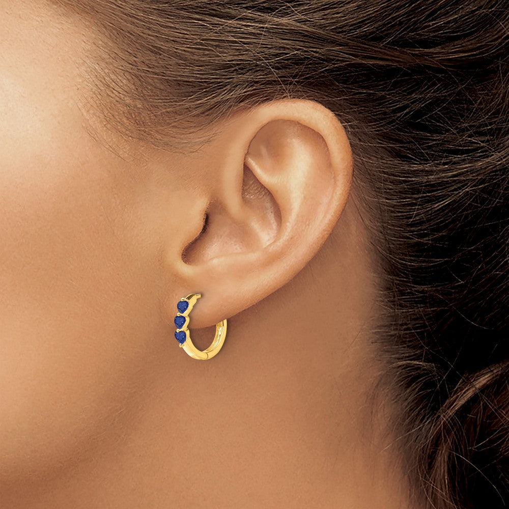 14k 3mm Heart Lab Created Sapphire Polished Hinged Hoop Earrings
