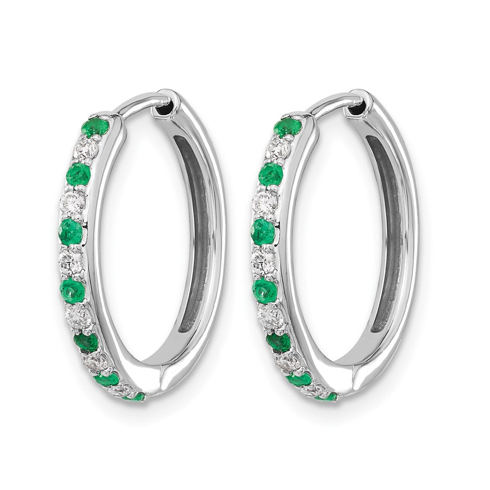 14k White Gold Diamond and Emerald 19mm Hinged Hoop Earrings