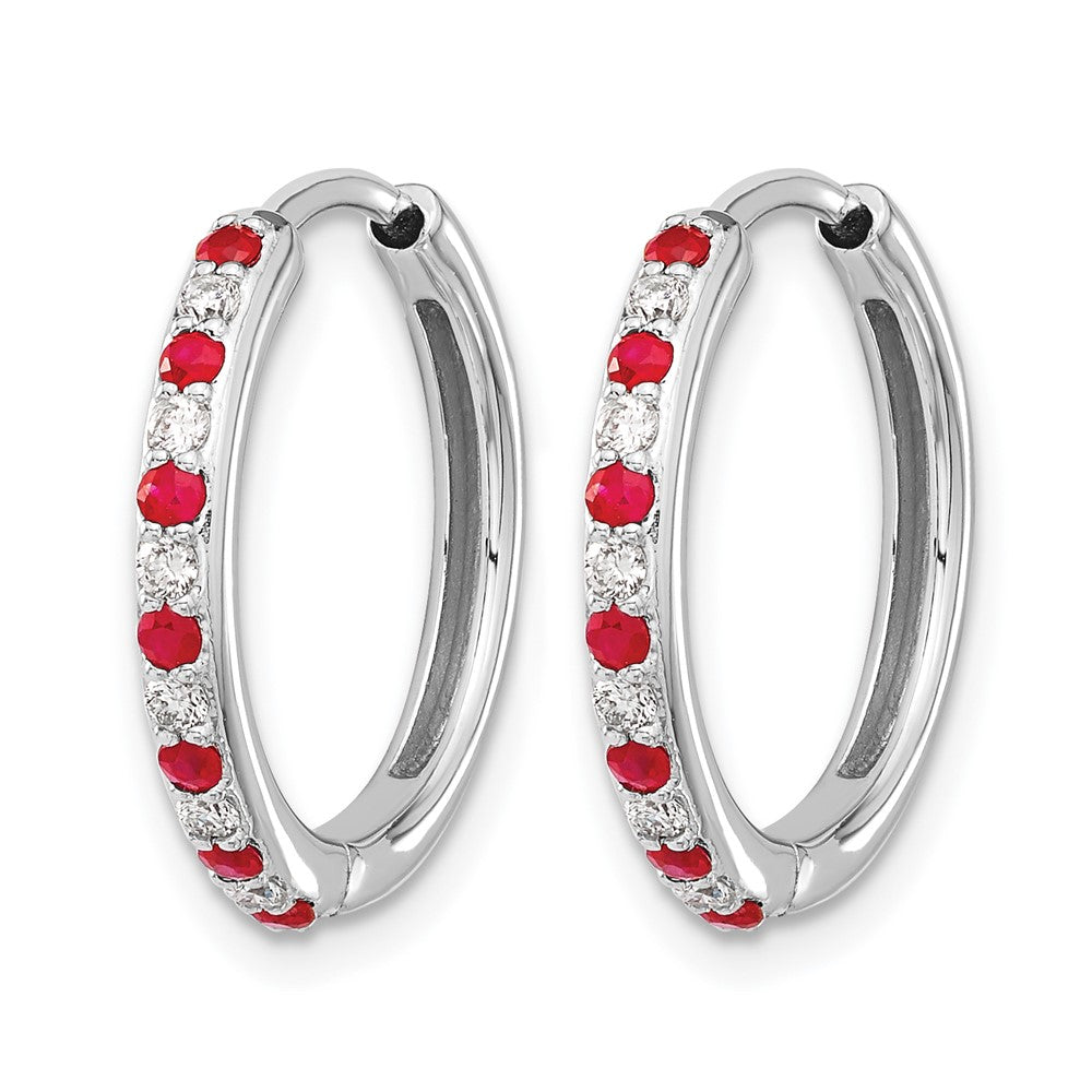 14k White Gold Diamond and Ruby 19mm Hinged Hoop Earrings