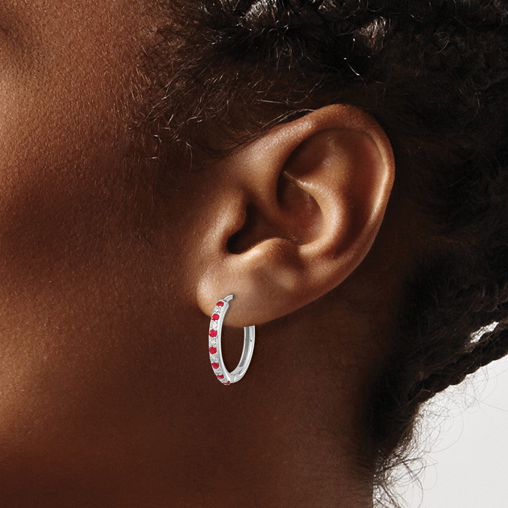 14k White Gold Diamond and Ruby 19mm Hinged Hoop Earrings