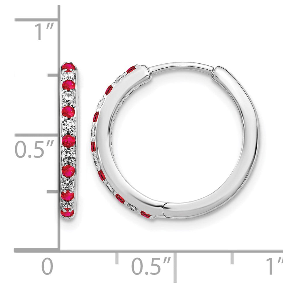 14k White Gold Diamond and Ruby 19mm Hinged Hoop Earrings