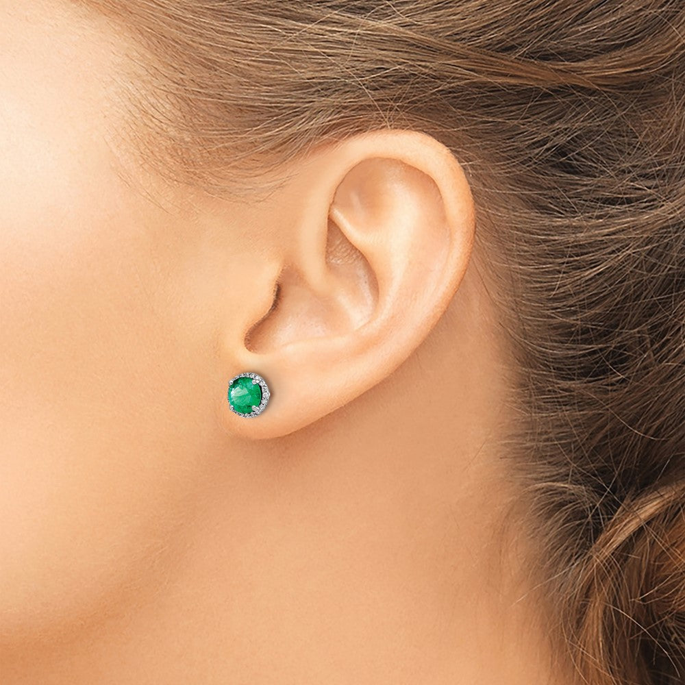 14k White Gold 6mm Round Emerald and Diamond Halo Post Earrings